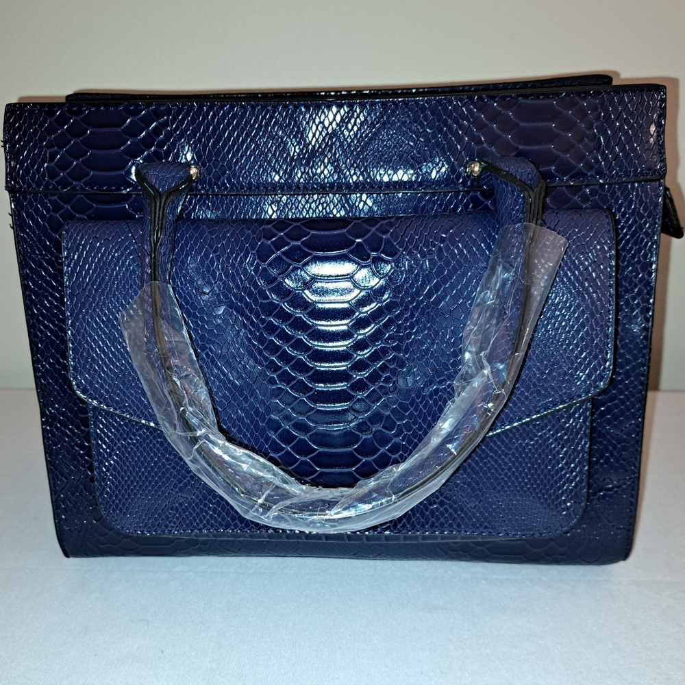 Navy Blue Faux Snake Embossed Tote, Gold Hardware, Shoulder Strap Included, NEW! - Picture 4 of 14